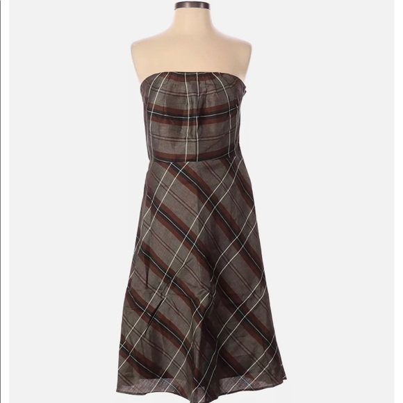 Banana Republic Strapless Plaid Dress Fall Colors Rusty Brown Black Gray Size 6 - Picture 9 of 9
